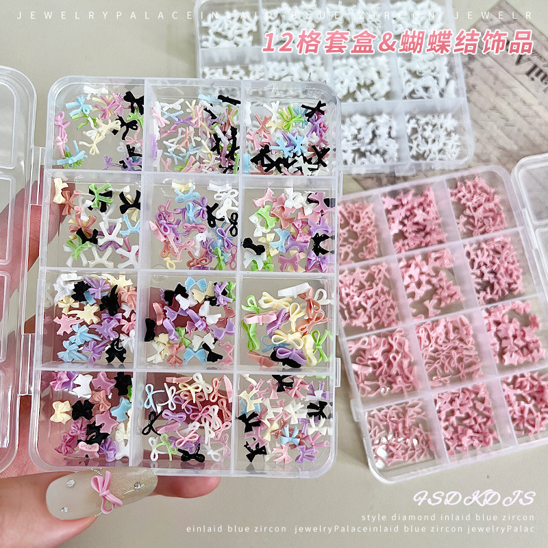 12 cuadros mini bowknot accesorios de uñas tamaño mixto estilo explosivo transfronterizo blanco y negro pajarita rosa accesorios de diamantes de uñas