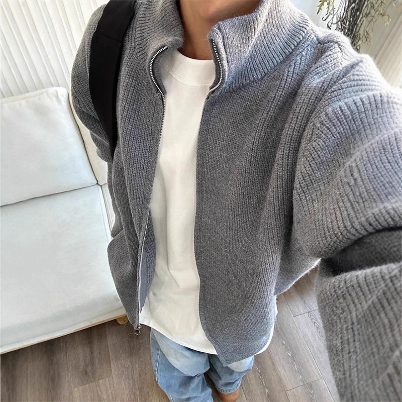 Cleanfit Gray Zipper Stand Collar Cardigan Knitwear Men's Autum High-End Lazy Style Knitted Knitwear American Jacket