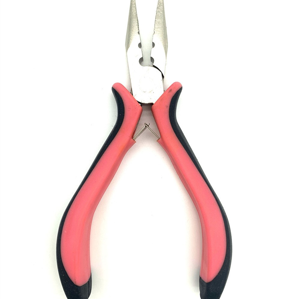 Cross-border hair extension tool, nickel-plated stainless steel three-hole curved tip, pink and black handle mini hair extension clips, hair styling tool scissors