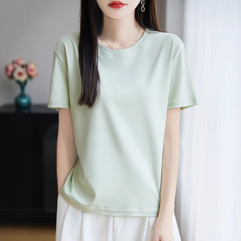 100% Cotton Round Neck Short-Sleeved T-Shirt for Women, New Summer Style, Mercerized Cotton Inner Wear, Can Be Worn Outside, Base Layer Top, Half-Sleeved Top for Women