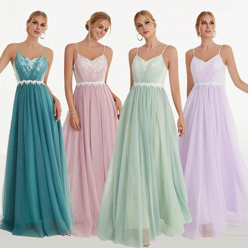 Frauen Kleidung mesh kreuz plissee spitze kontrast farbe lange kleid sommer_voghion.com