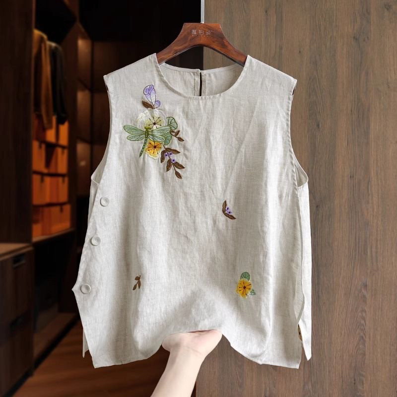 Chinese Style Cotton and Linen Vest for Women, New Summer Style, Heavy Embroidery Button Design, Sleeveless Top, Popular Style