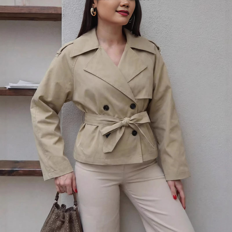 Short Trench Coat with Belt and Shoulder Pads 6318051 British Style Waist-Cinching Slimming Double-Breasted Short Trench Coat Jacket