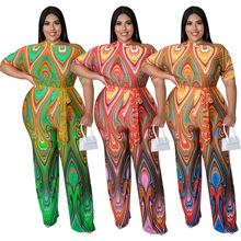 MY928 亚马逊欧美大码女装2022夏季新品斜肩民族风定位印花连体裤
