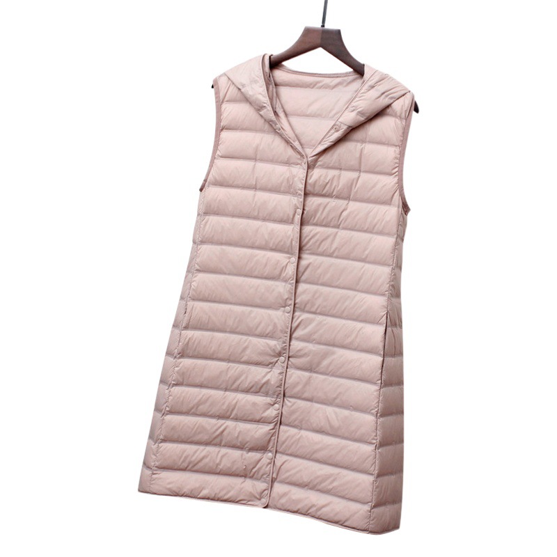 Down Vest Women's new mid-length slim fit fashionable hooded lightweight lightweight seamless adhesive cross-border white duck down vest