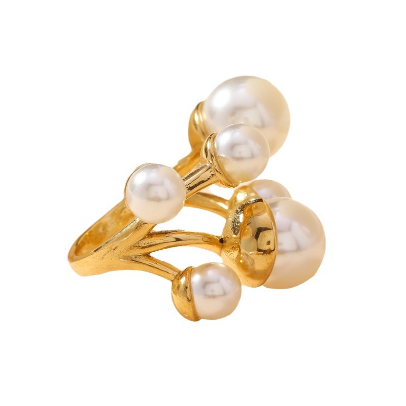Anillo de perlas de moda europea y americana no se desvanece seis perlas abiertas anillo ligero de lujo de alta calidad joyas de acero inoxidable