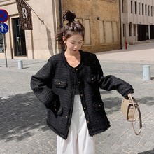实拍2023韩系气质黑色小香风外套女秋款设计感显瘦粗花呢短款上衣
