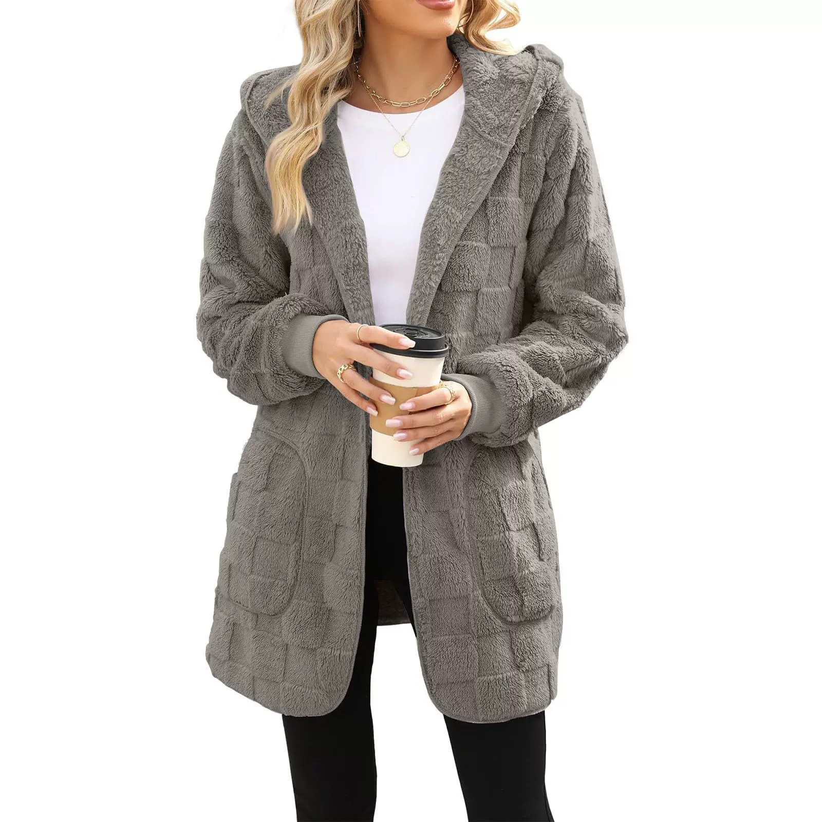 毛绒家居服欧美亚马逊跨境女装秋冬格子毛绒开衫毛毛休闲外套女