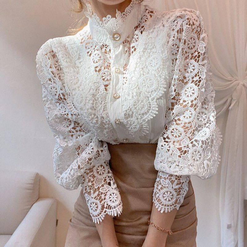 Foreign Trade Shrimp Skin AliExpress Base Shirt Women's New Lace Shirt High-grade Single Row Multi-button Lantern Sleeve Lace Western Style