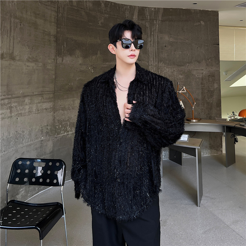 Feather Bright Silk Tassel Micro See-Through Long-Sleeved Shirt Men's Translucent Glitter Stereo Jacquard Shirt Stage Catwalk