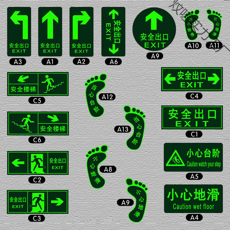 安全出口指示牌夜光墙贴警示通道小心地滑台阶标识牌疏散标志地贴