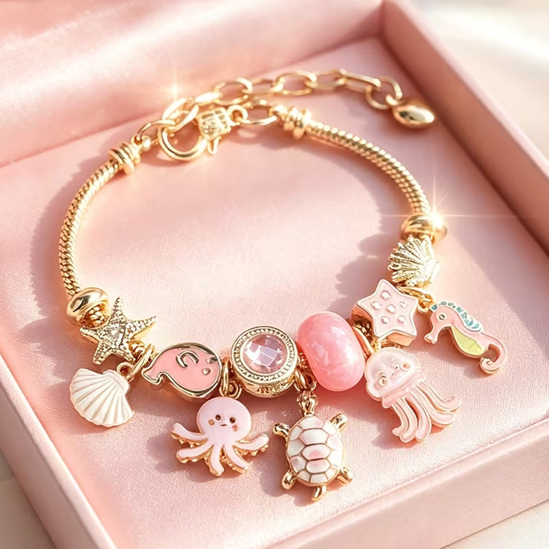 Sweet Underwater World DIY Snake Bone Bracelet with Pink Crystal, Shell, and Starfish Pendant, Light Luxury Niche Versatile Women's Jewelry