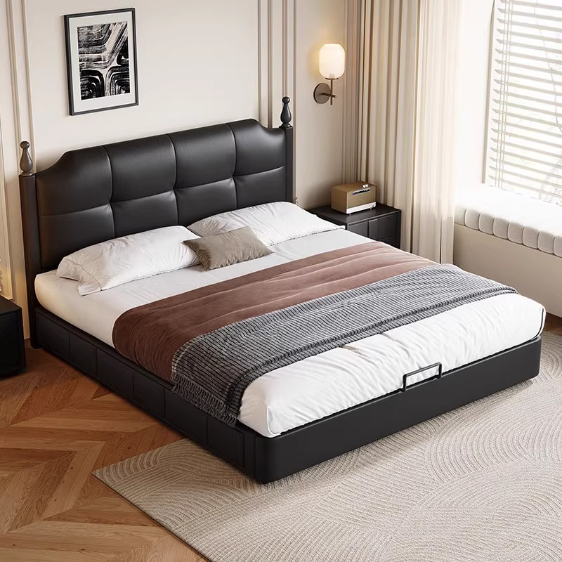Solid Wood Mid-Century Style Retro French Storage Black Double Leather Bed Small Apartment Master Bedroom High-End Atmospheric Double Bed