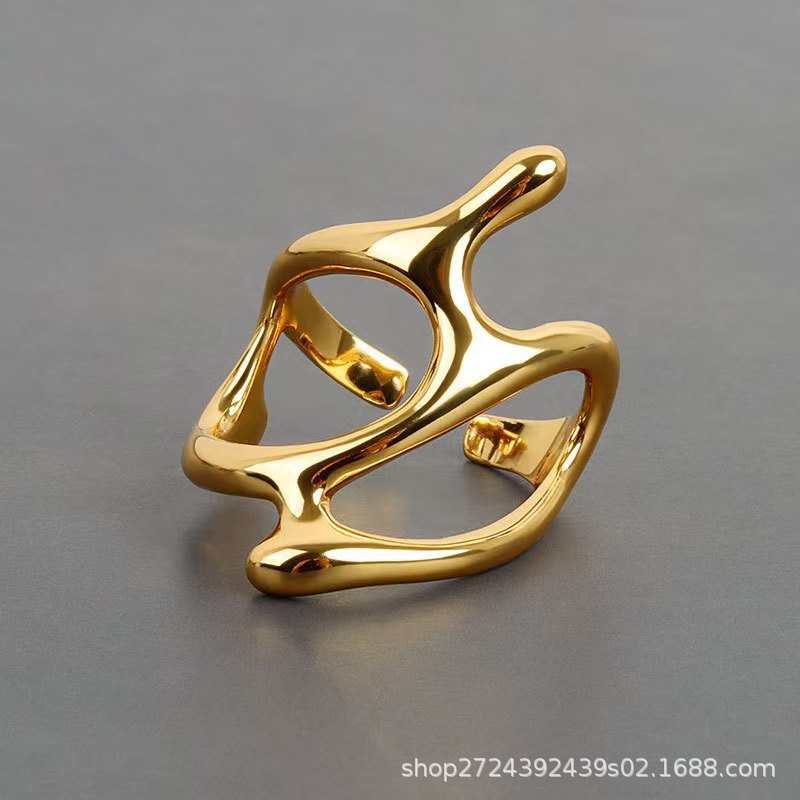 Fashion European and American Style Irregular Geometric High-Quality Texture Ring for Women, Unique Street Style Hong Kong Style Open Joint Ring