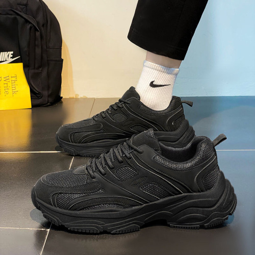 Pure Black Men's Shoes Spring 2025 New Work Safety Shoes Non-Slip Wear-resistant Men's Running Sports Dad Shoes Thick Sole