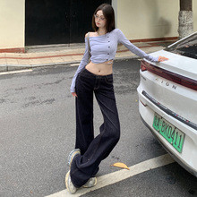 【AA】辣妹低腰裤丹宁蓝复古防掉色不规则设计感不贴腿微喇叭牛仔