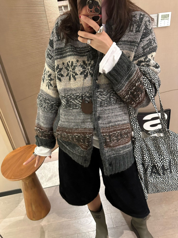 秋季上新费尔岛提花开衫毛衣女复古宽松慵懒风百搭外套针织上衣|undefined