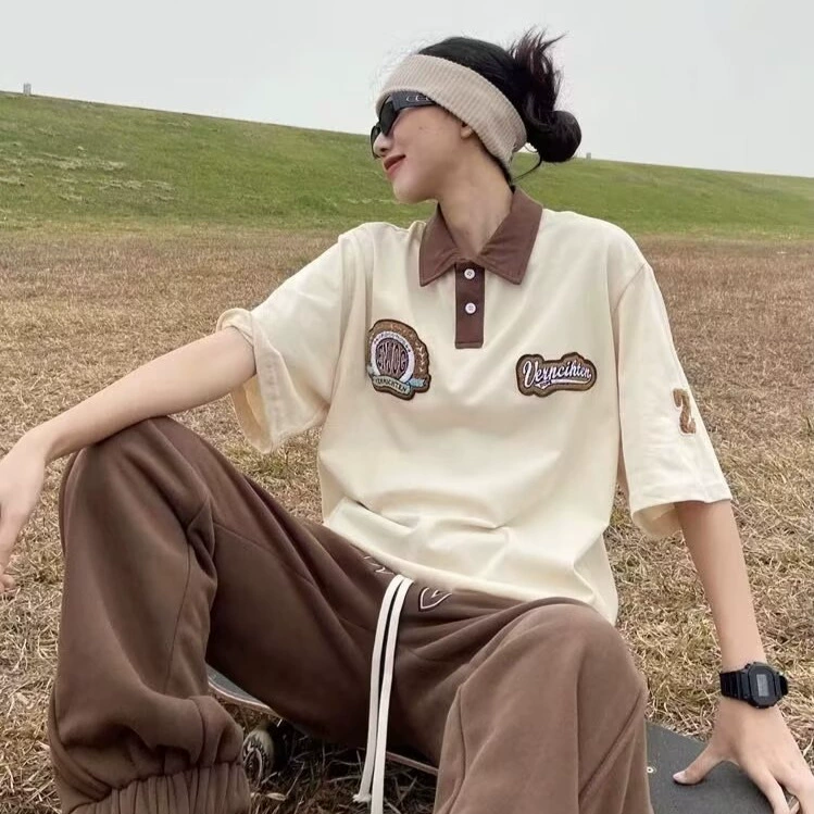 Японское ретро polo, с вышивкой, с коротким руковом, oversize
