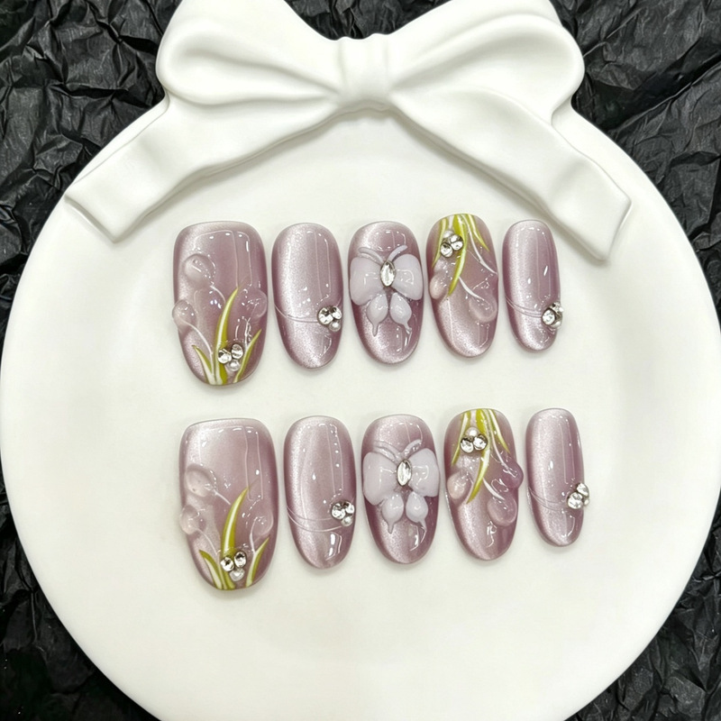【Made in Shenzhen】Purple Flower Design Handmade Wearable Nail Art Whitening Nail Stickers Nail Patches 【Made in Shenzhen】Purple Flower Design Handmade Wearable Nail Art Whitening Nail Stickers Nail Patches