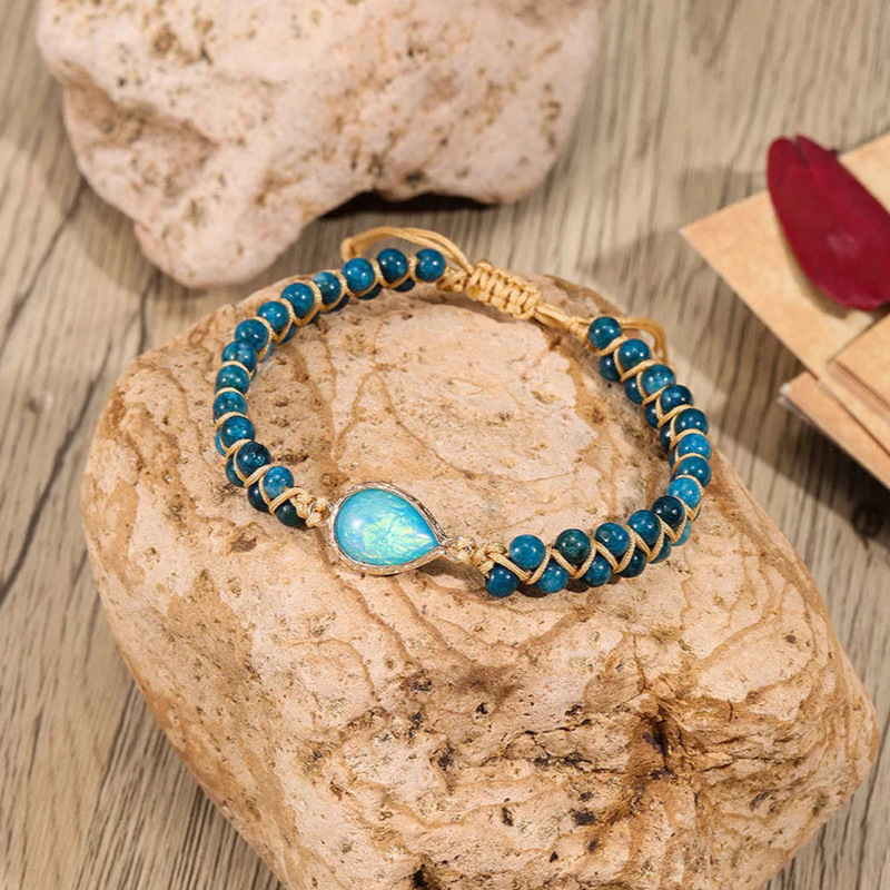 Double-Row Bohemian Bracelet with Sapphire Water Drop-Shaped Pendant, Hand-Woven Bracelet with Blue Phosphor Gray Water Drop Design