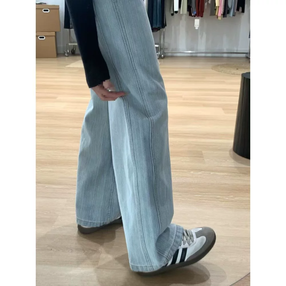 Светло-голубые двусторонние прямые джинсы для женщин 2025 ранняя весна большие размеры высокая талия свободные утягивающие широкие брюки