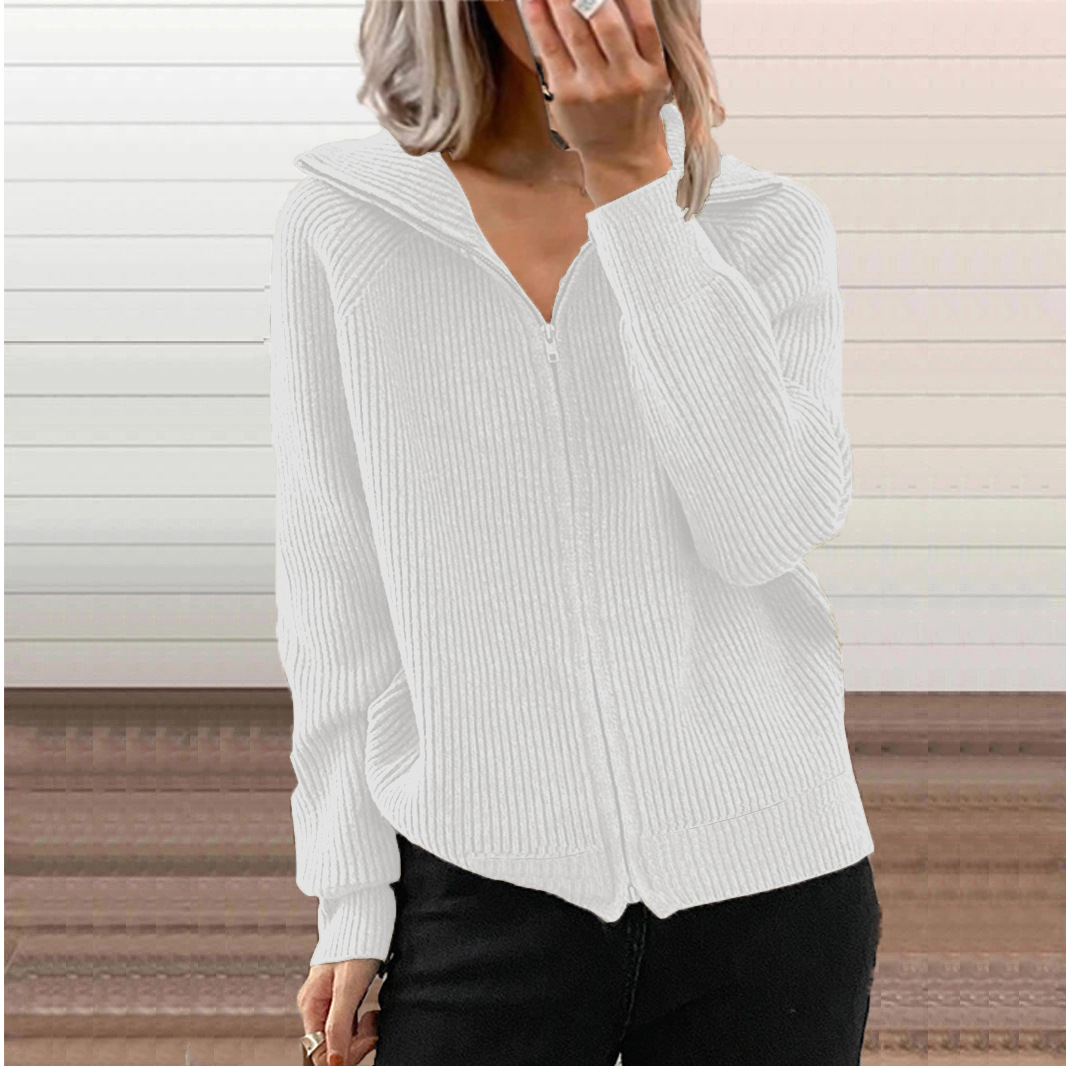 Otoño e invierno transfronterizo europeo y americano Nuevo abrigo casual a rayas suéter suelto cremallera cardigan manga larga suéter de solapa para mujer image 12