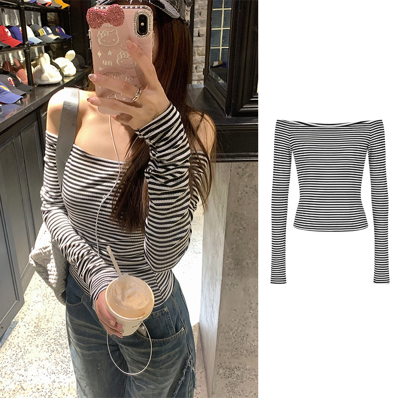 韓国版スリムフィットワンショルダー長袖Tシャツ2025春新作カラーブロックストライププルオーバートップ女性用|undefined