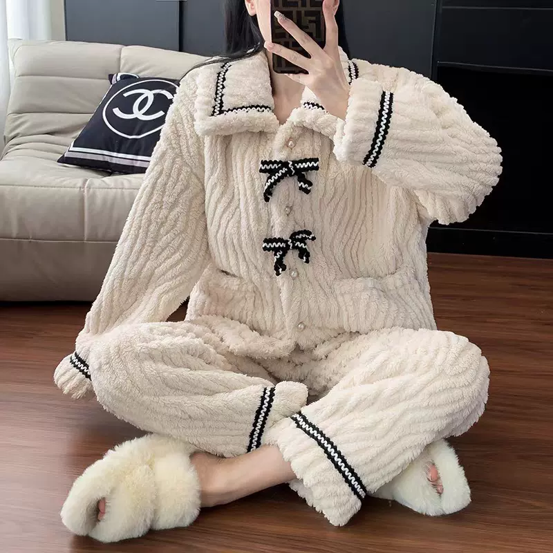 新品冬季睡衣女加厚01蝴蝶结款家居服套装珊瑚绒提花秋天小香风开
