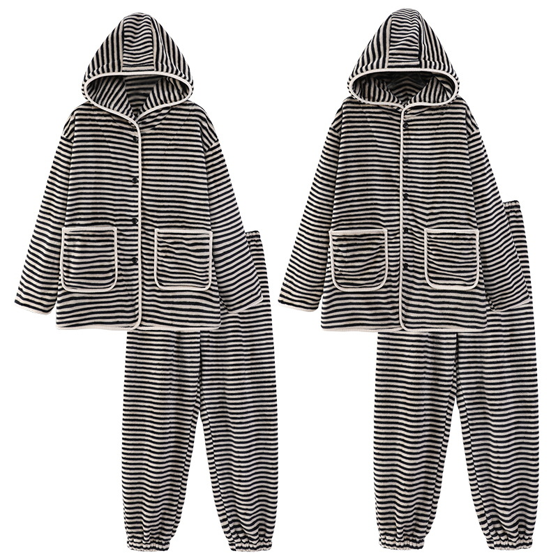 Otoño y invierno 2024 nueva pareja encapuchada pijama franela con camisa gruesa para hombres y mujeres ropa de hogar de dos piezas