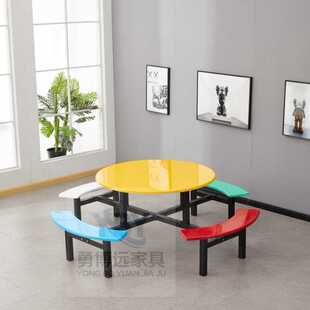 School Cafeteria Dining Table and Chairs Round Staff Restaurant Table and Chairs Cafeteria Stainless Steel Dining Table 8-Person Fiberglass Integrated Dining Set