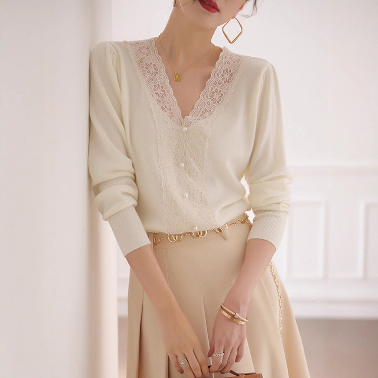 Brother's Mall Same Style Women's 2025 Autumn Fashion French Slimming Top V-Neck Lace Splicing Knit Sweater for Women Brother's Mall Same Style Women's 2025 Autumn Fashion French Slimming Top V-Neck Lace Splicing Knit Sweater for Women