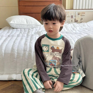 Big and Small Roll Children's Clothing Hey Honey Autumn Boys' Home Clothes Green Vertical Stripesd Pants Cartoon Printed Class a Pajamas