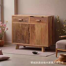 侘寂风老榆木餐边柜家居客厅小型储物柜茶室茶具收藏柜玄关实木柜