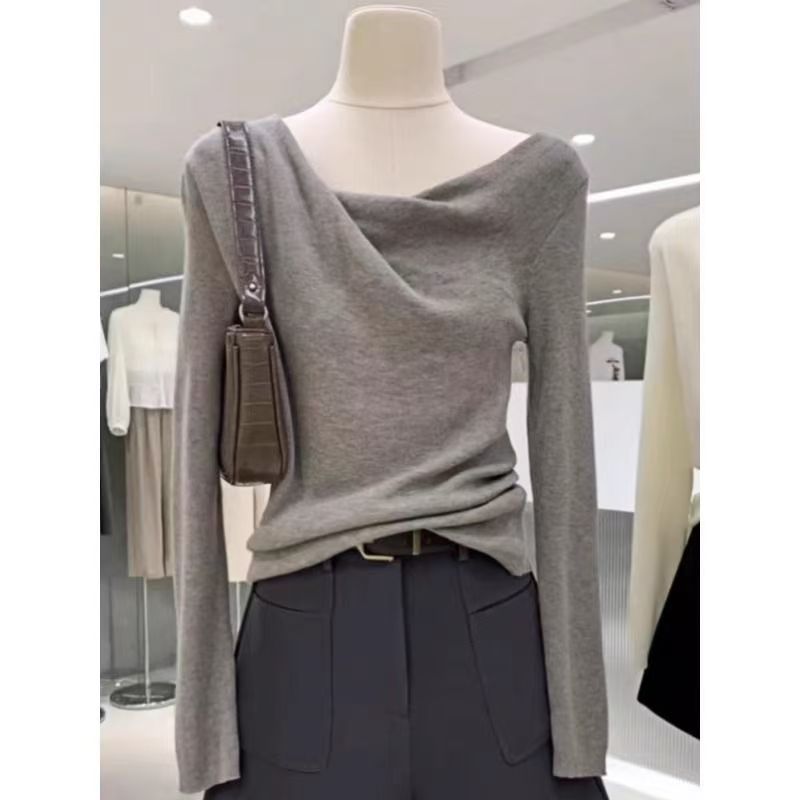高级感气质灰色荡领长袖针织衫女秋冬设计感修身毛衣内搭打底上衣|undefined