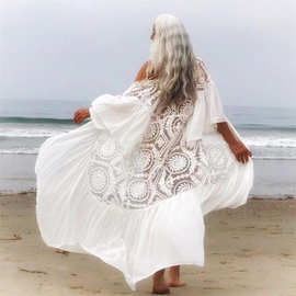 沙滩罩衫蕾丝绣花拼雪纺度假比基尼防晒衫跨境亚马逊