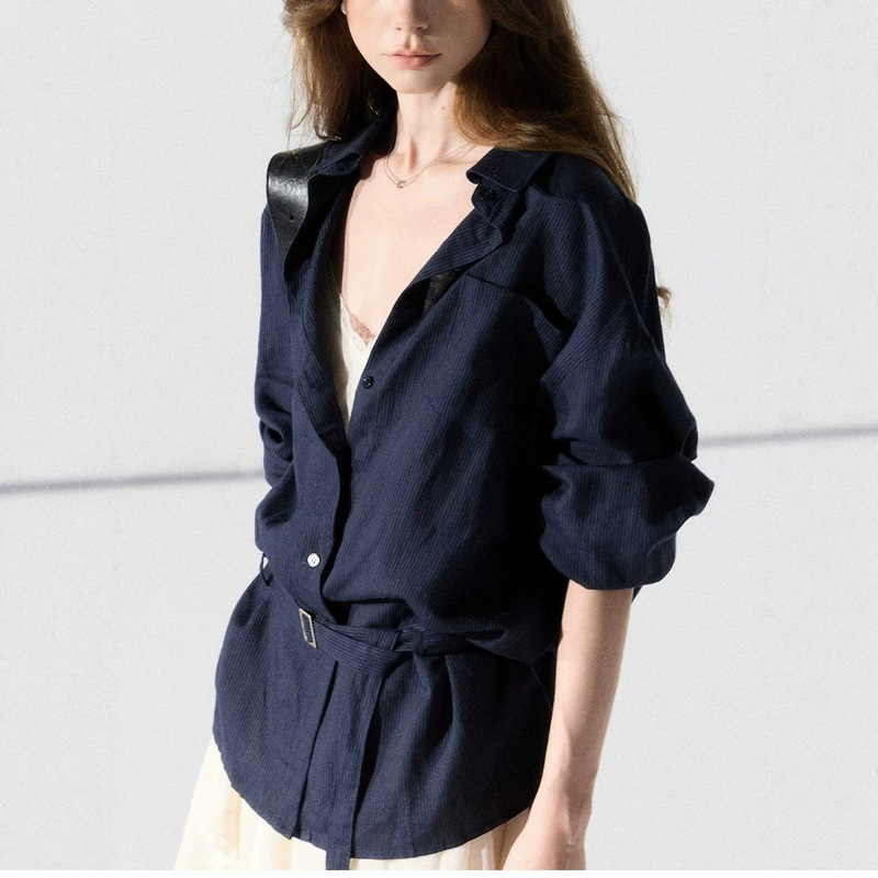 Eryang Design [Qingyi] Lyocell Linen Stylish Commuting Tie-Down Collar Striped Shirt