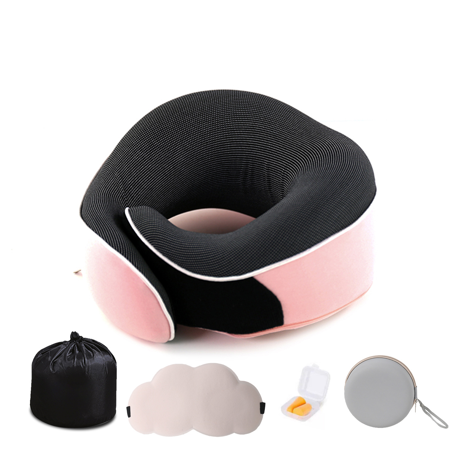 Nuevas almohadas de cuello transfronterizas almacenables de memoria de viaje almohadas de algodón nubes de ojos tapones de auriculares caja de regalo en stock