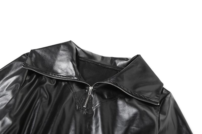 Winter Sexy Slim Short Patchwork Sweatshirt Solid Color Faux Leather Zipper Top