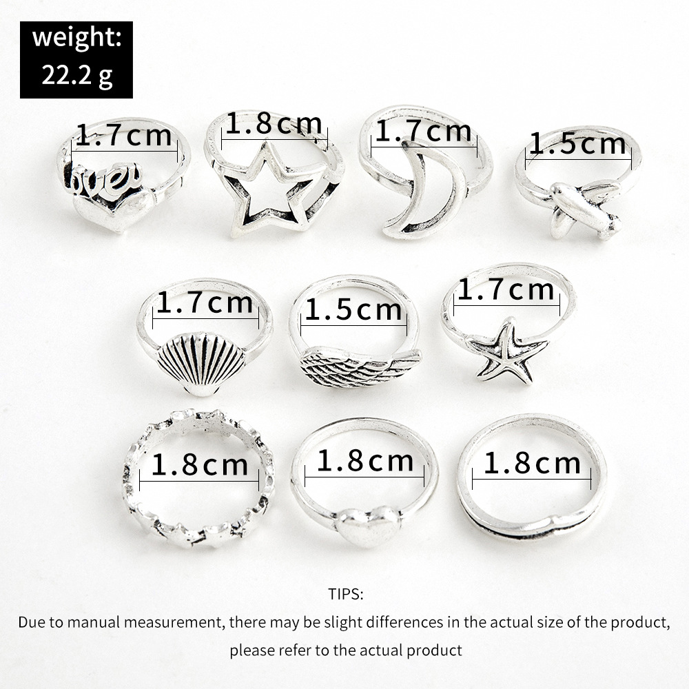 European And American New Retro English Love Star Moon Plane Starfish Shell Ring Ten Piece Set display picture 7