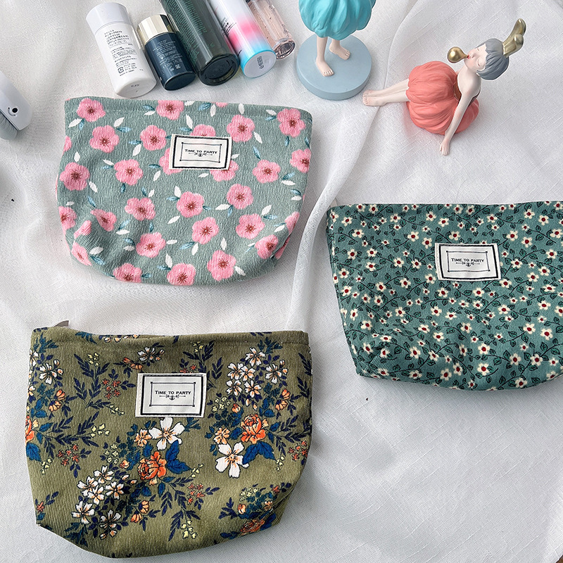 Vintage Corduroy Cosmetic Bag Flower Jacquard Fabric Storage Bag Travel Portable Storage Bag Wash Bag