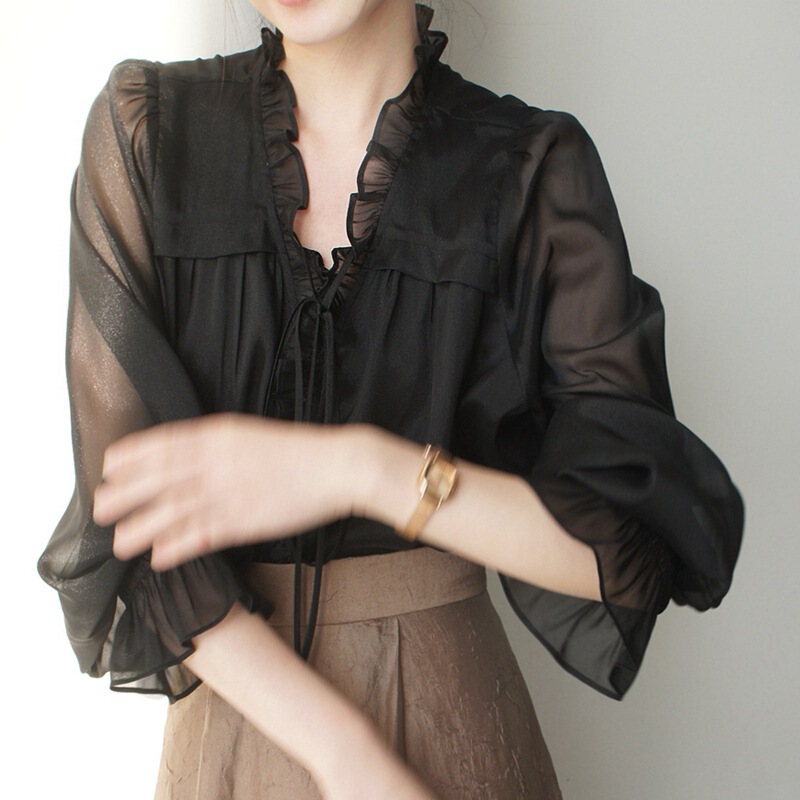 Black V-neck Ruffled Shirt Women's Perspective Lace-up Lantern Sleeve Large Body Double Mystery Inner Long Sleeve Shirt