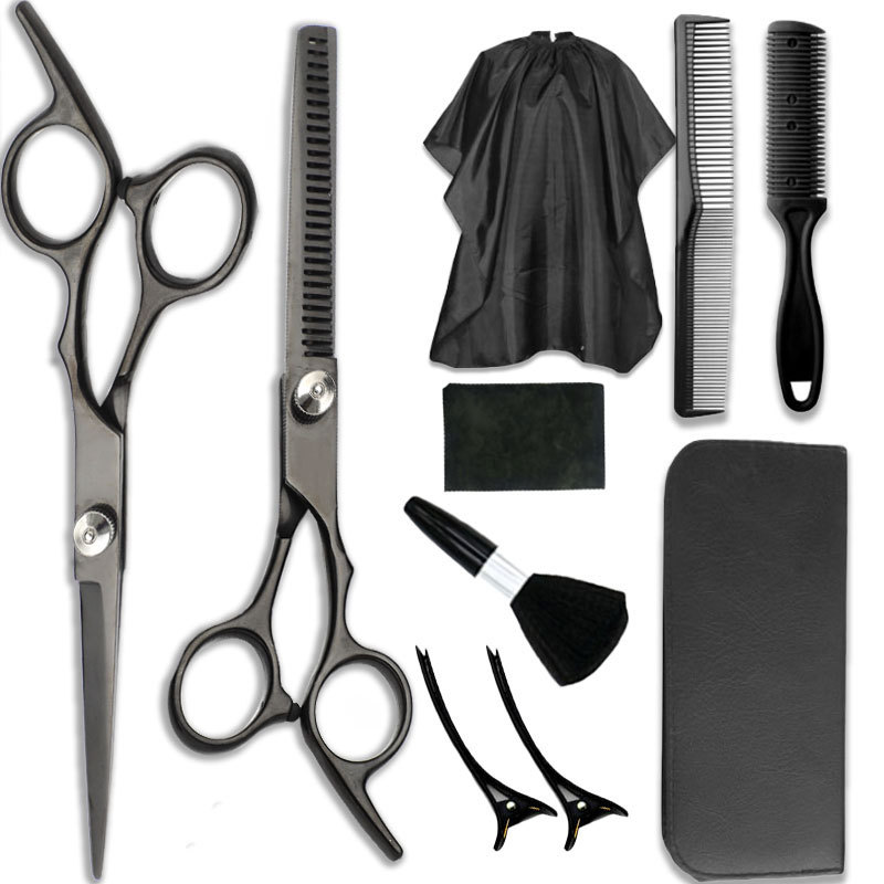 Tijeras de peluquería de acero inoxidable, juego de tijeras de peluquería de oro negro de 6 pulgadas, tijeras planas, tijeras de adelgazamiento, tijeras de corte