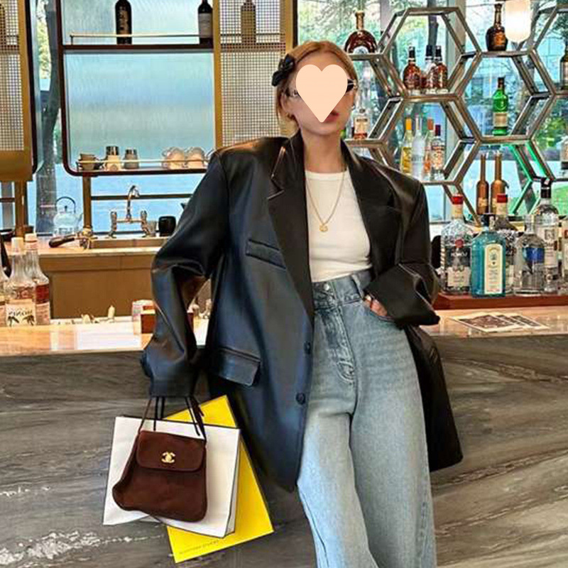 Women's High-End Leather Jacket with Shoulder Pads, No Cracking, 2025 Spring & Fall New Loose Suit, Large Size Suit for Women