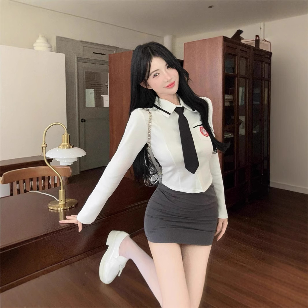 한국 세련된 대학 스타일 JK 유니폼 긴팔 슬림 핏 셔츠 넥타이 힙합 스커트 핫 소녀 투피스 세트