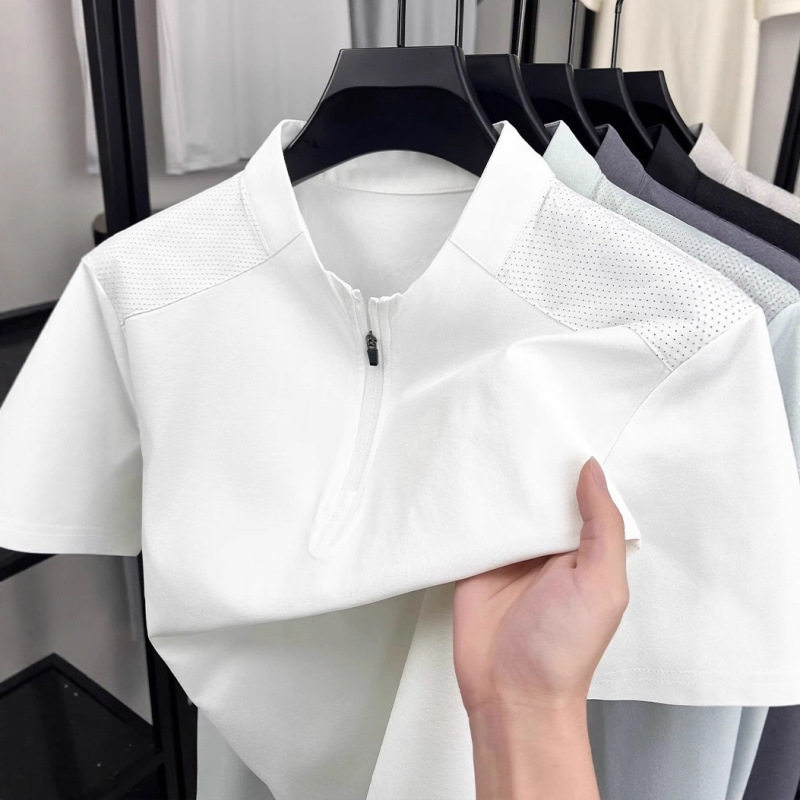 Men's Export Summer Half-Zip Stand-Up Collar Pullover Quick-Drying Sports Breathable T-Shirt Short-Sleeved Cycling Fitness Clothing
