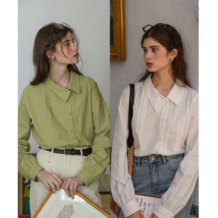 Dailyart "Leisure Day Soft Color" Natural Breathing Pleated Oblique Placket Crooked Collar Long Sleeve Shirt