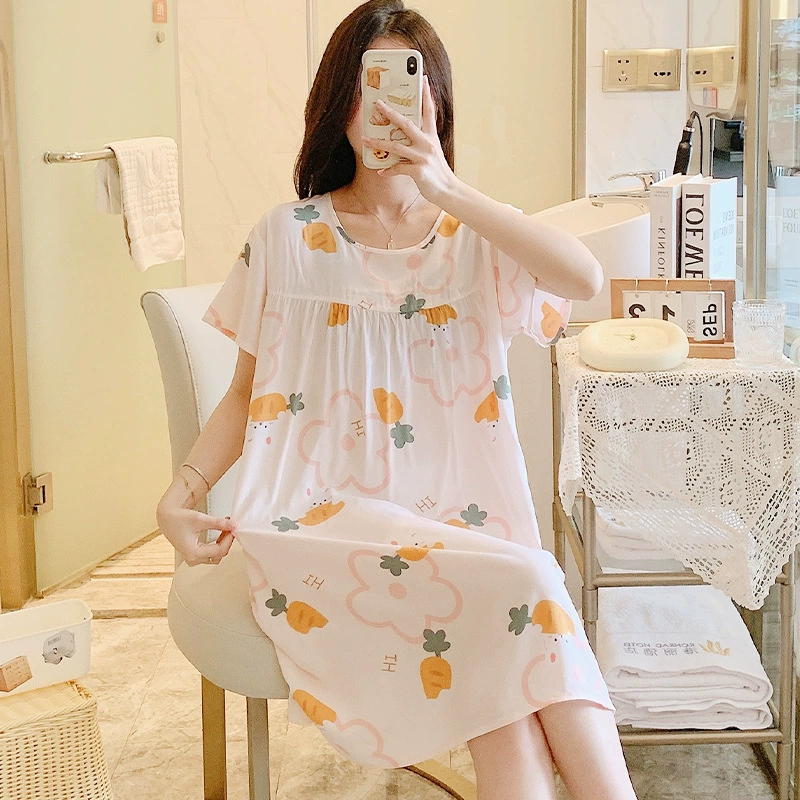 Хлопковая шелковая ночная юбка женская летняя тонкая мультяшная печать с короткими рукавами сладкая студенческая пижама с короткими рукавами плюс размер весенняя и осенняя домашняя одежда