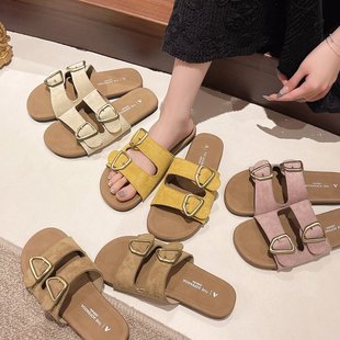 Slippers Women's Outer Wear 2025 Summer New Fashion Belt Buckle Seaside Beach Slippers Flat Casual Sandals