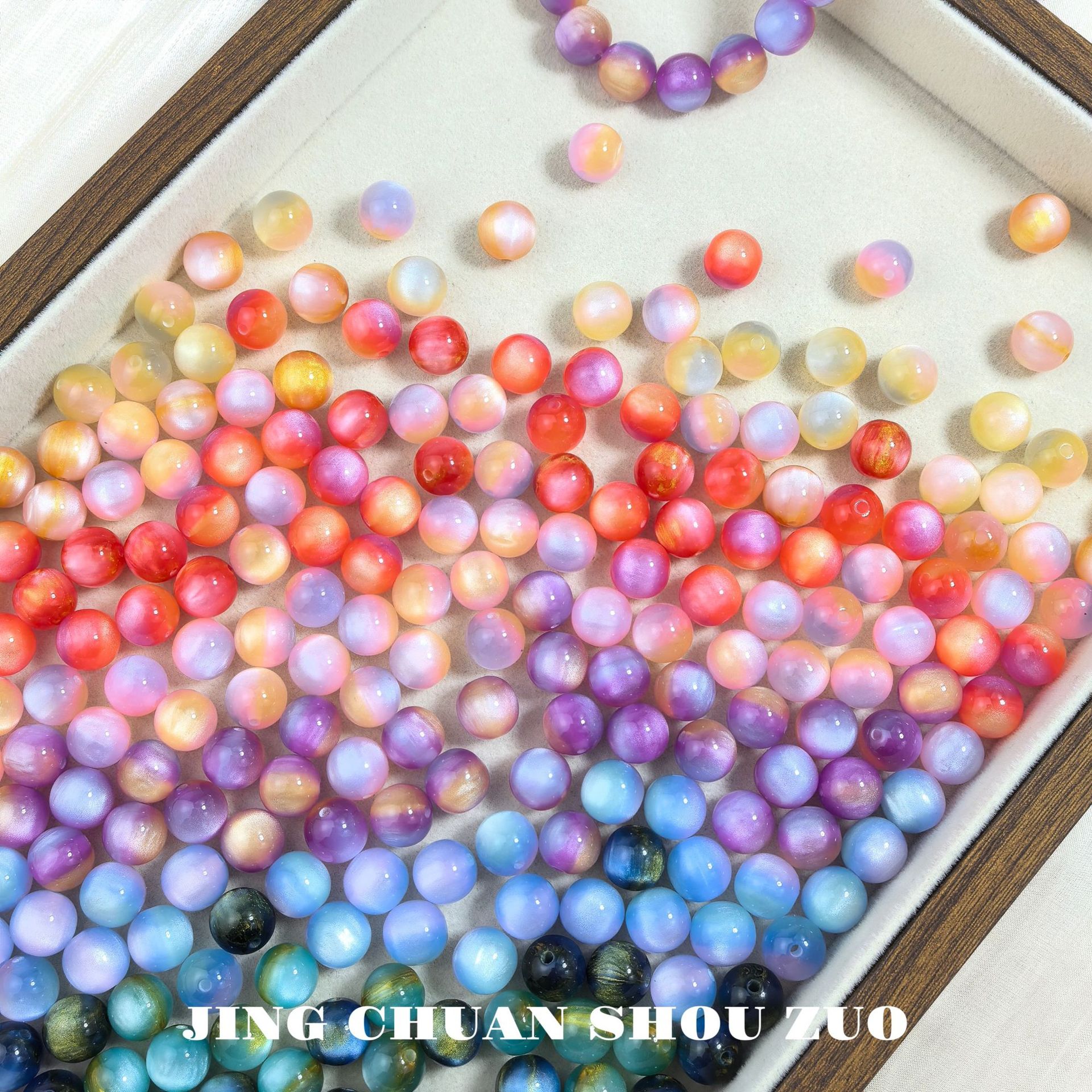 多色鎏金树脂珠流光油画串珠散珠猫眼珠直孔晕染diy 手工手链材料