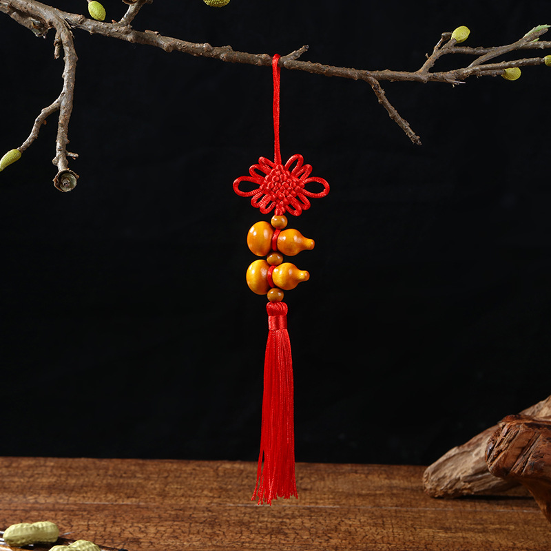 Hand-Woven Chinese Knot Five Blessings Bowknot Chinese Style Peach Wood Gourd Pendant Five Emperors Coins Home Car Hanging Decoration